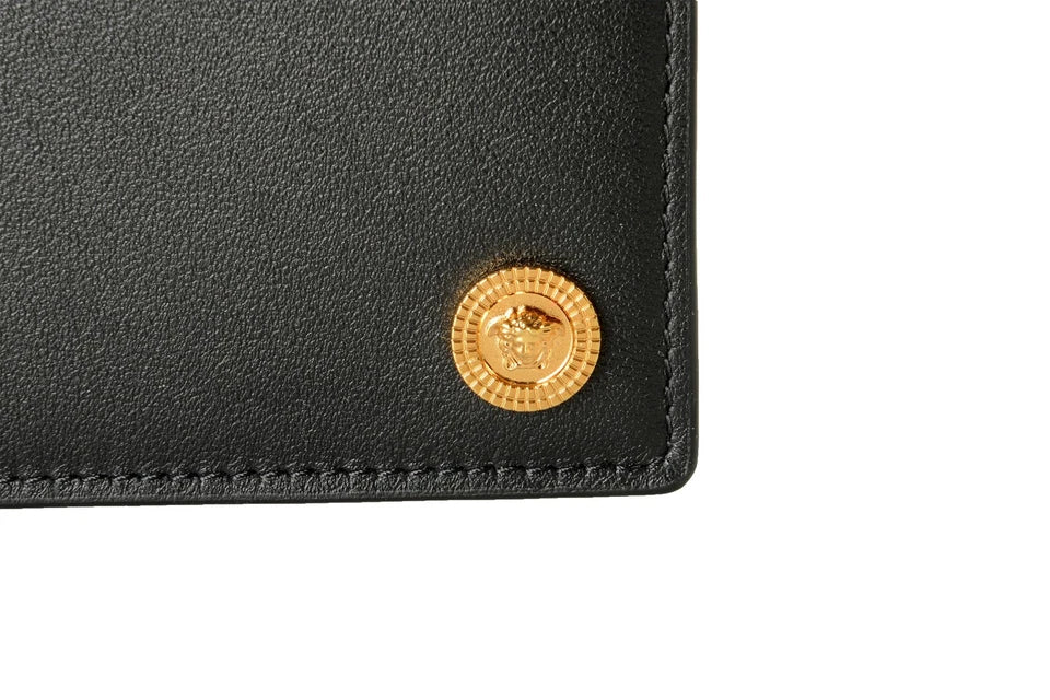 Versace Black Textured 100% Leather Gold Medusa Head Bifold Wallet