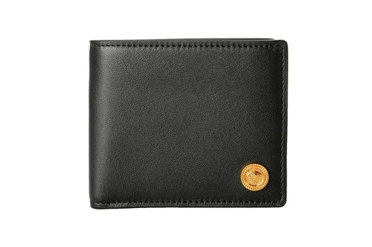 Versace Black Textured 100% Leather Gold Medusa Head Bifold Wallet