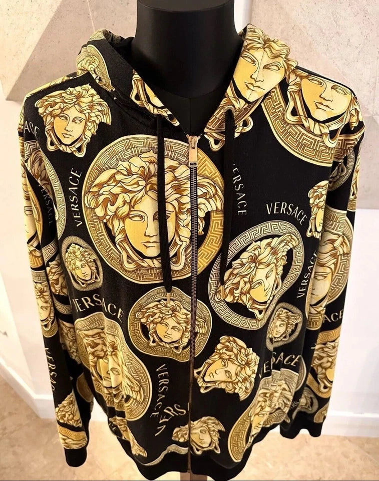 Versace Mens Amplified Medusa Logo Zip Hoodie Sweater Black Gold