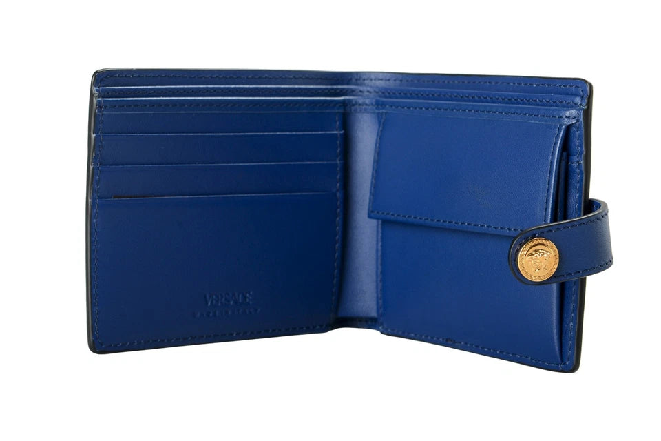 Versace Men's Royal Blue 100% Leather Gold Medusa Bifold Wallet