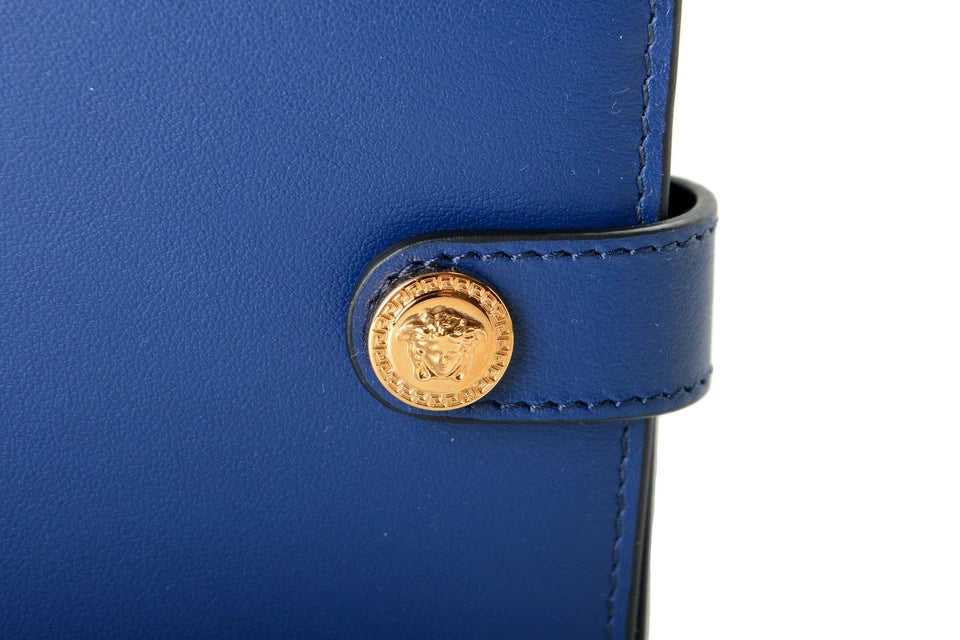 Versace Men's Royal Blue 100% Leather Gold Medusa Bifold Wallet