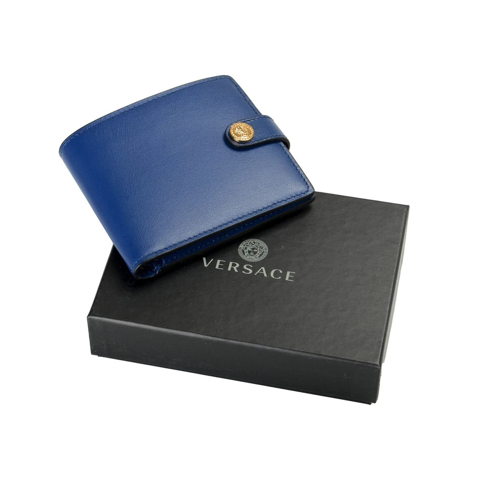 Versace Men's Royal Blue 100% Leather Gold Medusa Bifold Wallet